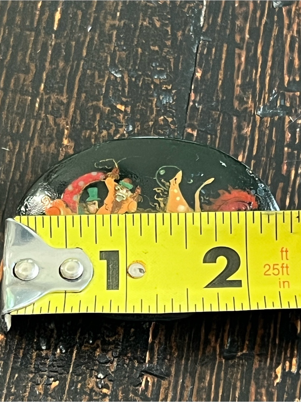 Vtg Russian Hand Painted Black Lacquer Wood Brooch Sleigh Horses Mythology - Picture 2 of 11